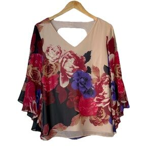 Coco Bianco, Floral Blouse Flowy Sheer Sleeve Boho Top, Size M